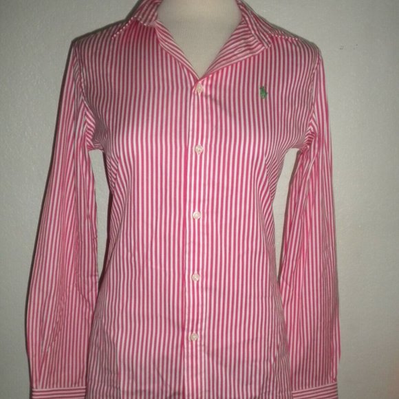 POLO RALPH LAUREN MISSES SIZE 8-MEDIUM PINK WHITE STRIPED BUTTON FRONT BLOUSE - Picture 1 of 8